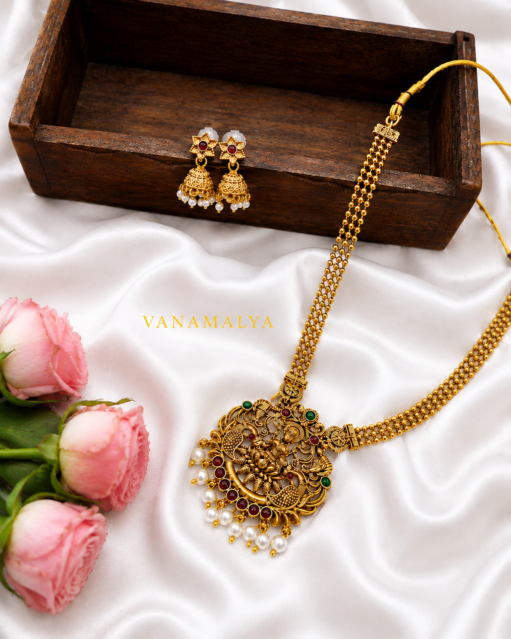 Peacock Medallion Necklace & Jhumka Set — gold-toned imitation jewellery by Vanamalya