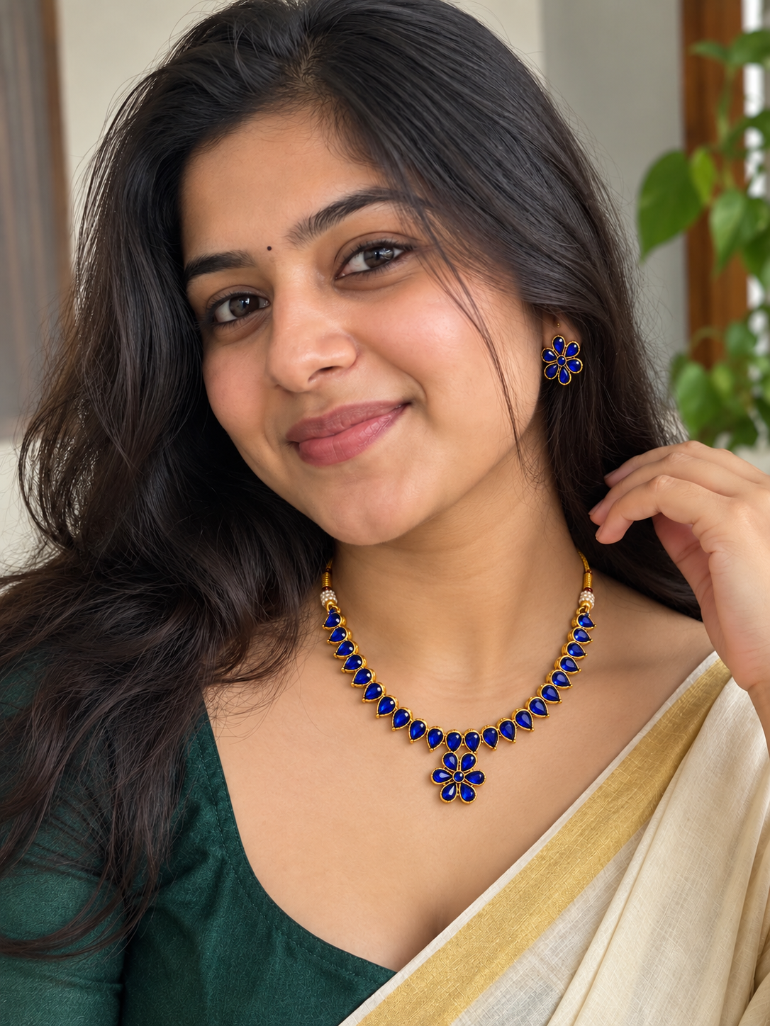 Royal Blue Floral Necklace & Earrings Set for Women | Elegant Ethnic Jewellery