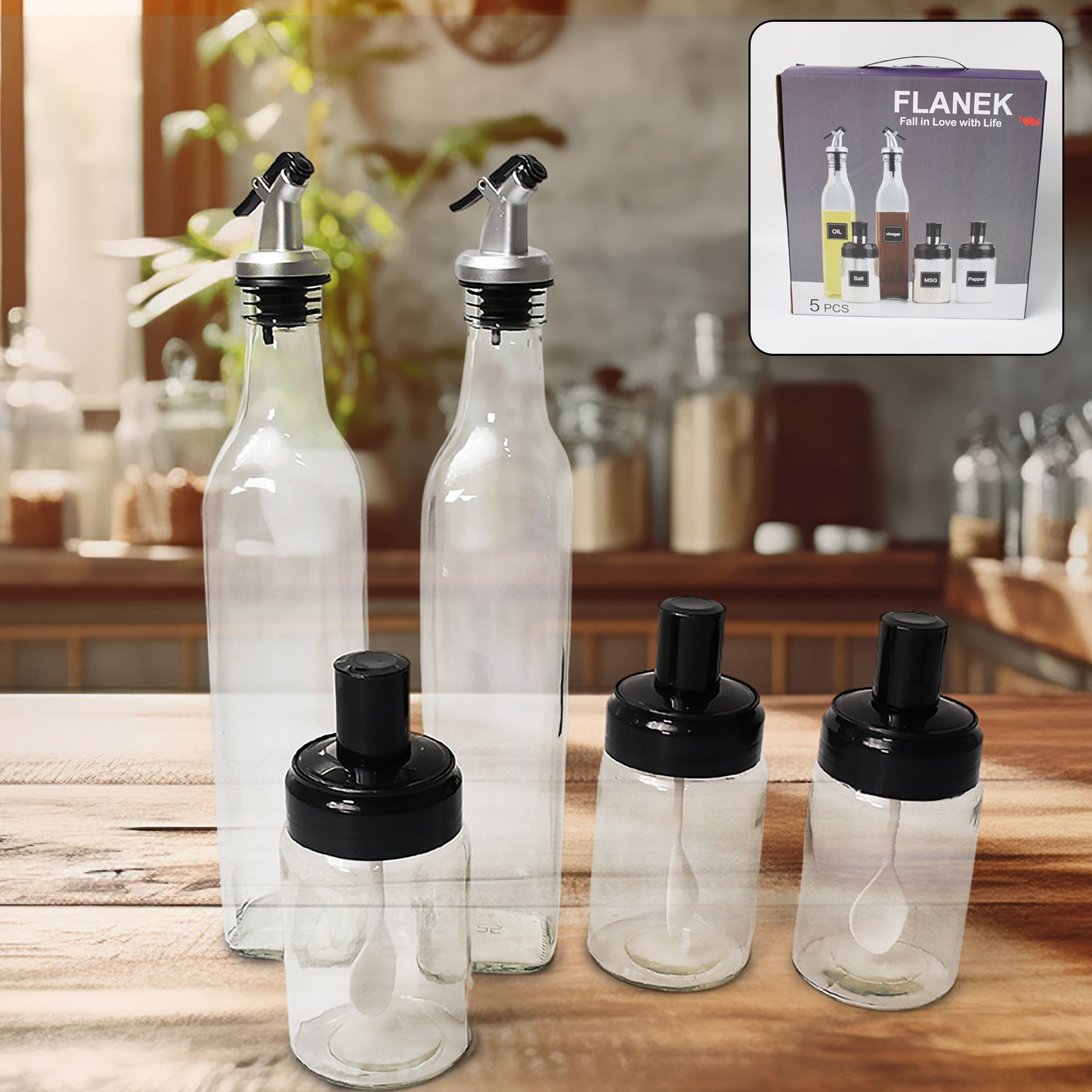 10011 Transparent Glassoil Dispenser 500 Ml Bottle Set Of 2 Spice Jar 250 Ml Set Of 3 Oil Bottle For Kitchen Oil  Vinegar Storage Glass Bottle Glass Container For Spice Masala (5 Pcs Set)