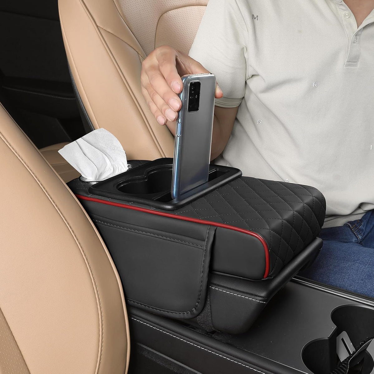 5-in-1 Universal Car Armrest Cushion & Center Console Organizer with Cup Holders**