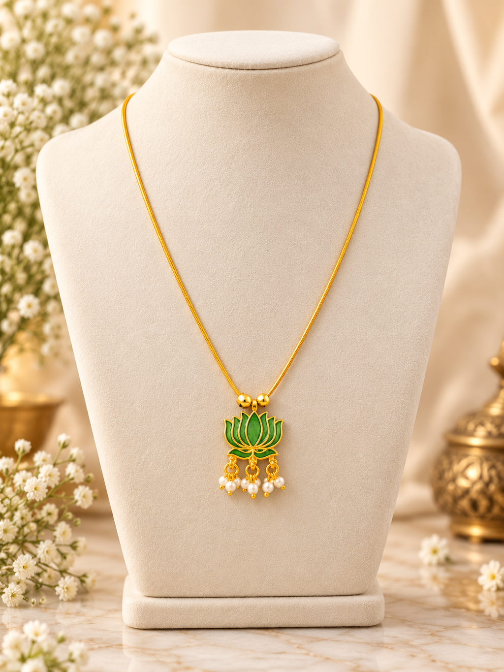 Lotus Pendant Invisible Chain Necklace – Green & Gold