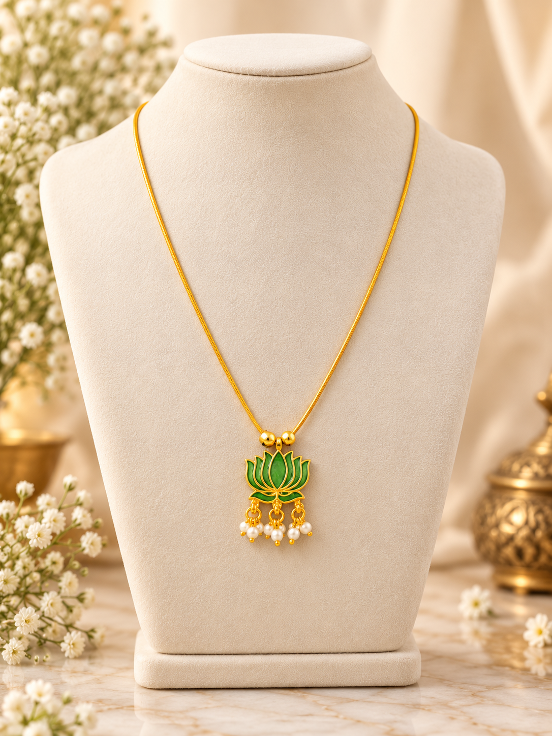 Lotus Pendant Invisible Chain Necklace – Green & Gold