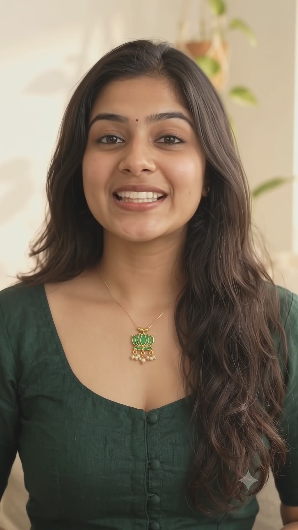 Lotus Pendant Invisible Chain Necklace – Green & Gold