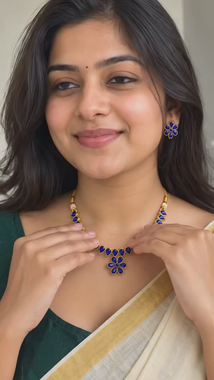 Royal Blue Floral Necklace & Earrings Set for Women | Elegant Ethnic Jewellery